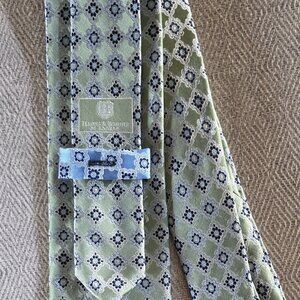 Haines & Bonner London 100% Silk Tie Sage Green Blue Geometric Medallion